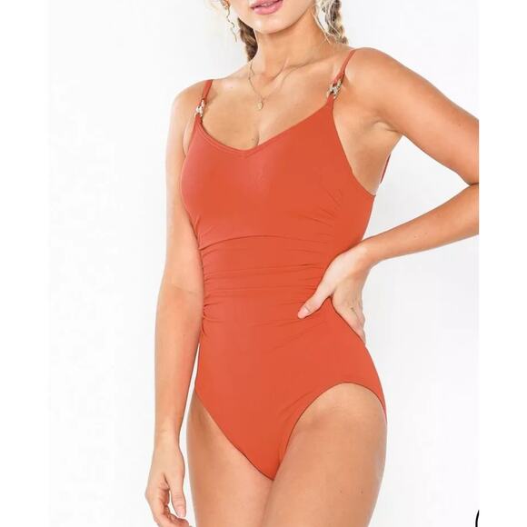 Michael Michael Kors MK one piece Swimsuit Terracotta Orange Women's 12 ruched - Picture 4 of 11